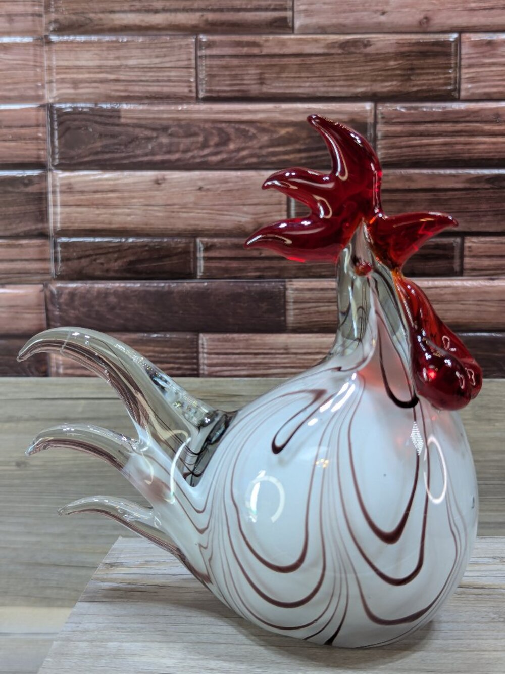 Glass Rooster Figurine Sculpture Blown Art Murano Style 7" Tall White